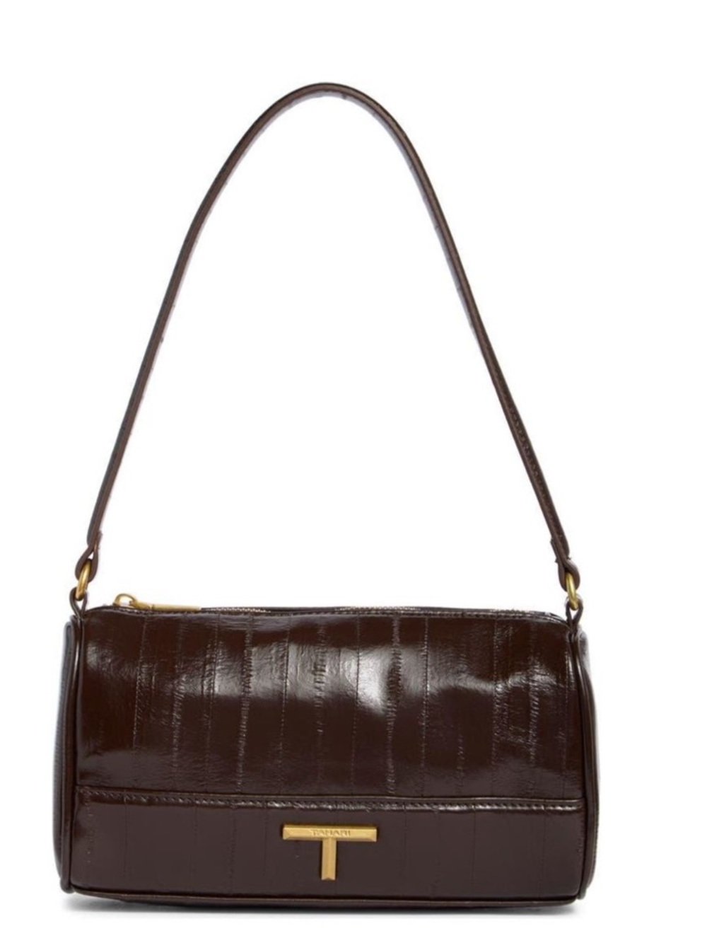 Tahari Metallic Dark Brown Shoulder Bag with Gold T Detail NWT